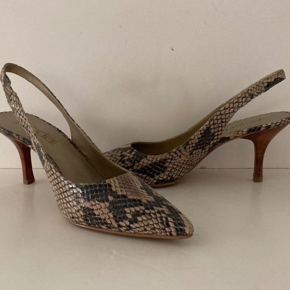 Moda Spana Tan & Charcoal Snake Print Slingback Heels/Size 7 1/2M/NEW/NEVER WORN - Picture 1 of 6